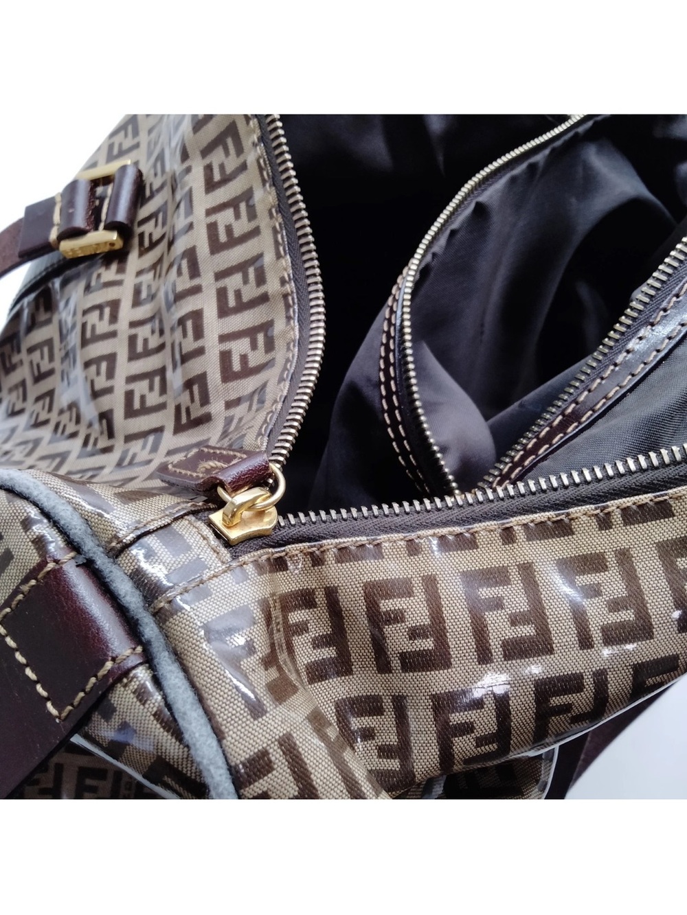 Fendi Beige Brown FF Logo Coated Canvas Duffel Bag - Picture 9 of 10